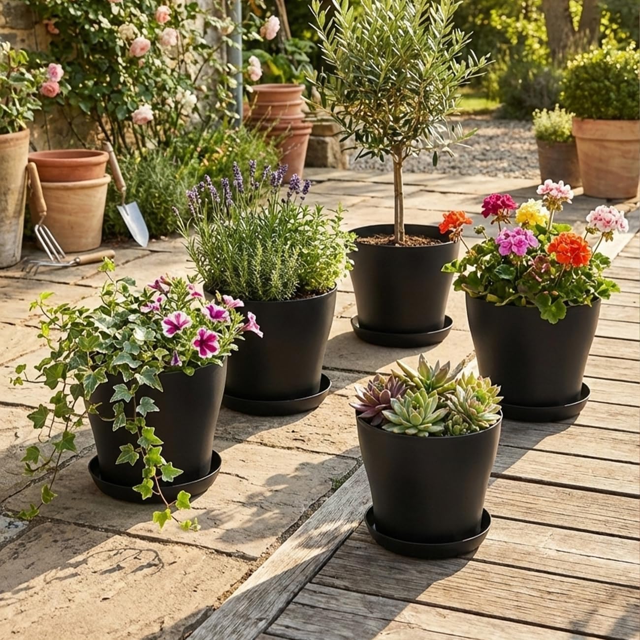 8inch Plant Pot with Large Drainage Holes &Saucer for Indoor Outdoor Plants | 6 Pack 8" Plastic Nursery Pots- Garden
