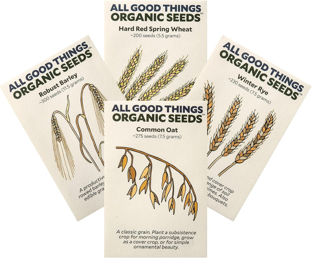 All Good Things Organic Great Grains Seed, 4 Variety Pack | Four Homestead Grain Packets, Barley, Oat, Rye, and Wheat