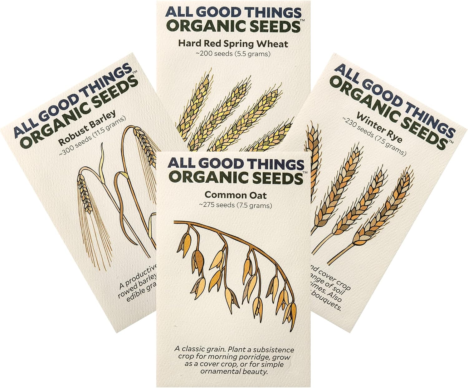 All Good Things Organic Great Grains Seed, 4 Variety Pack | Four Homestead Grain Packets, Barley, Oat, Rye, and Wheat