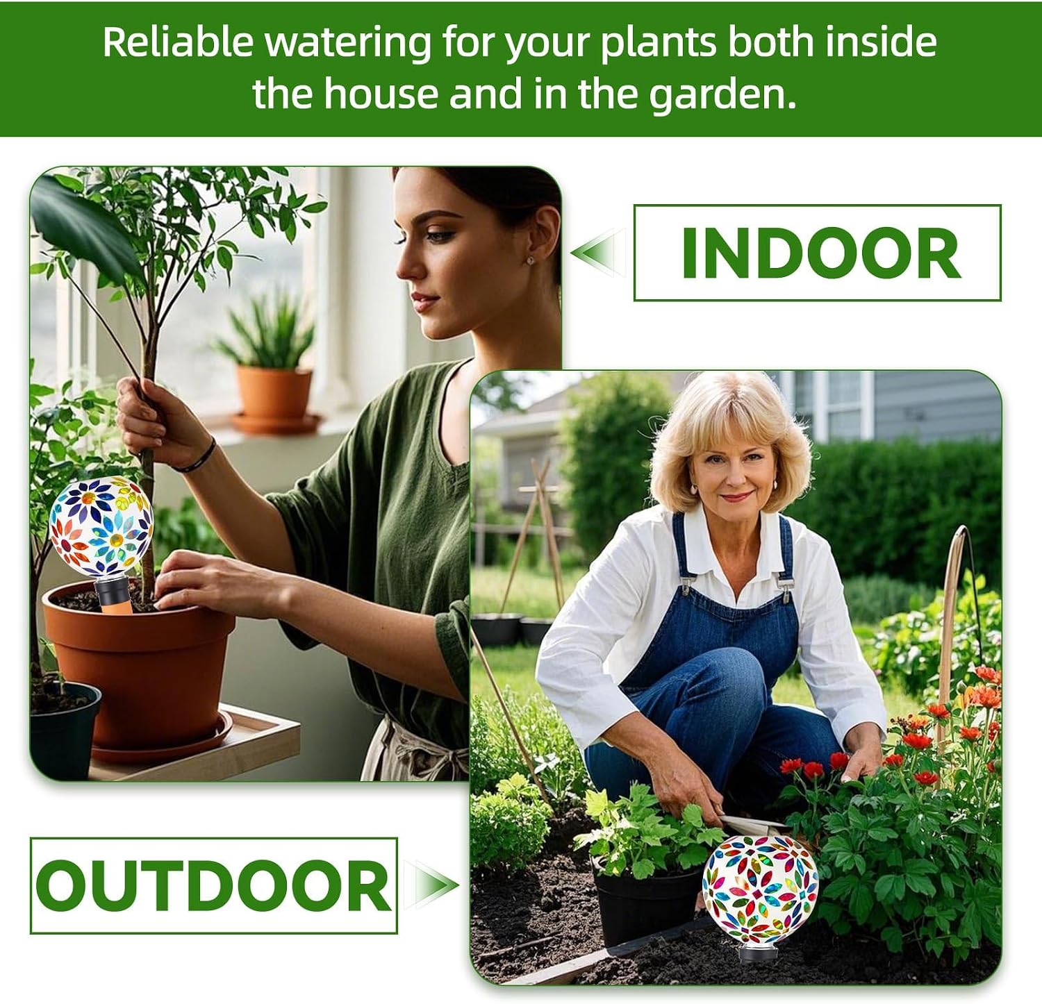 VOREEN Mosaic Glass Plant Watering Globes 2 Pack 500ml with Terracotta Spikes, Handmade Self-Watering Stakes for