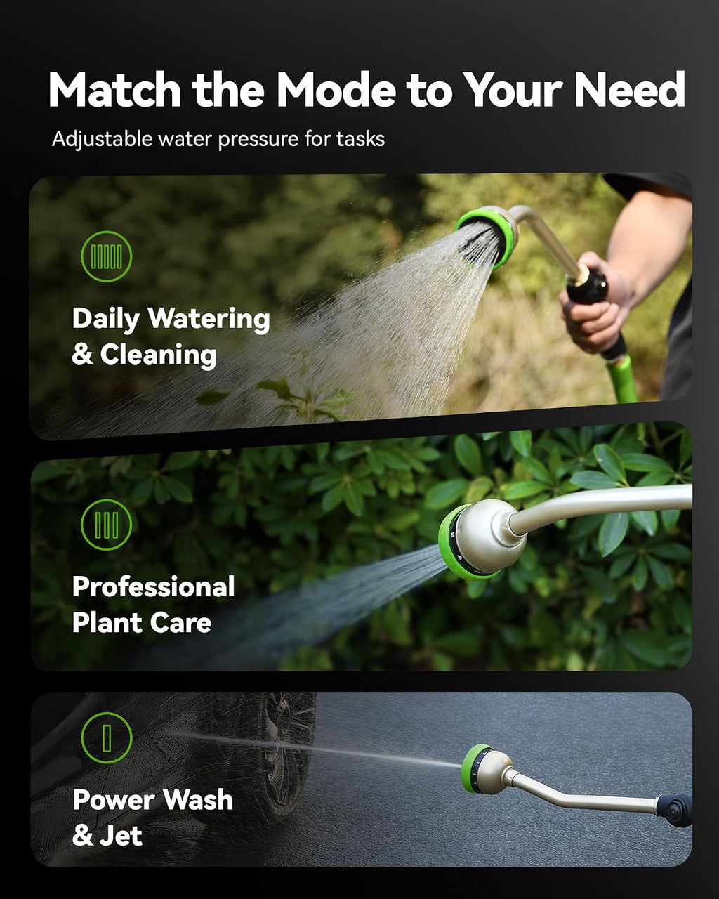 RAINPOINT Watering Wand For Garden Hose, 16 Inch Metal Hose Nozzle Wand with 9 Spray Patterns, Long Hose Sprayer For