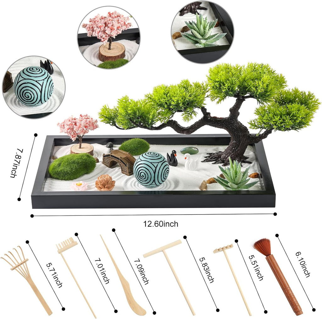 Zen Garden Kit for Desk Decor - Premium Beautiful Japanese Mini Zen Sand Garden Box Set for Home, Office with Black