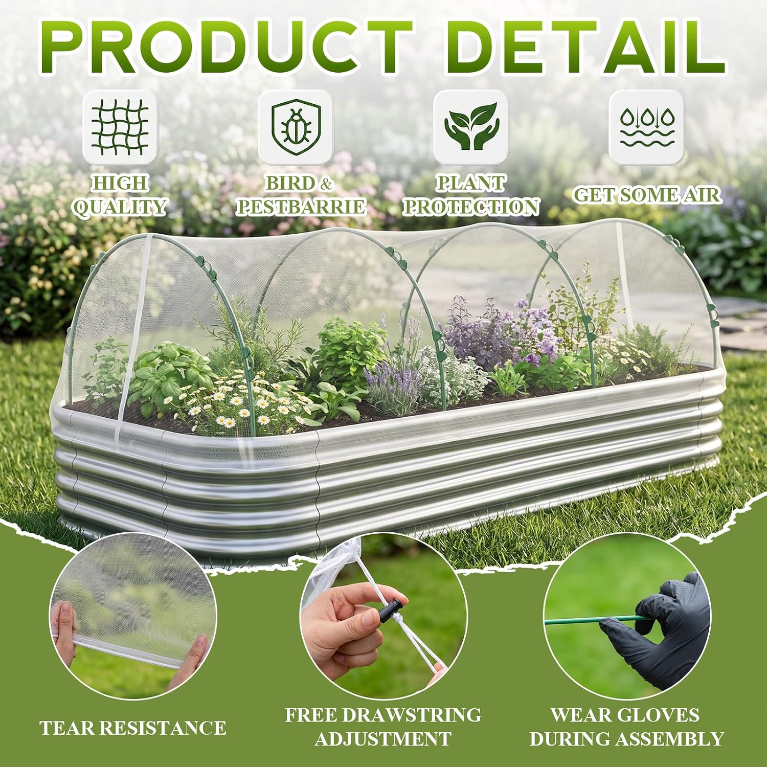 4 Pack Garden Netting Kit for Raised Beds 4x2ft Raised Garden Bed Net with Fiberglass Hoops Drawstring Clips for Plant
