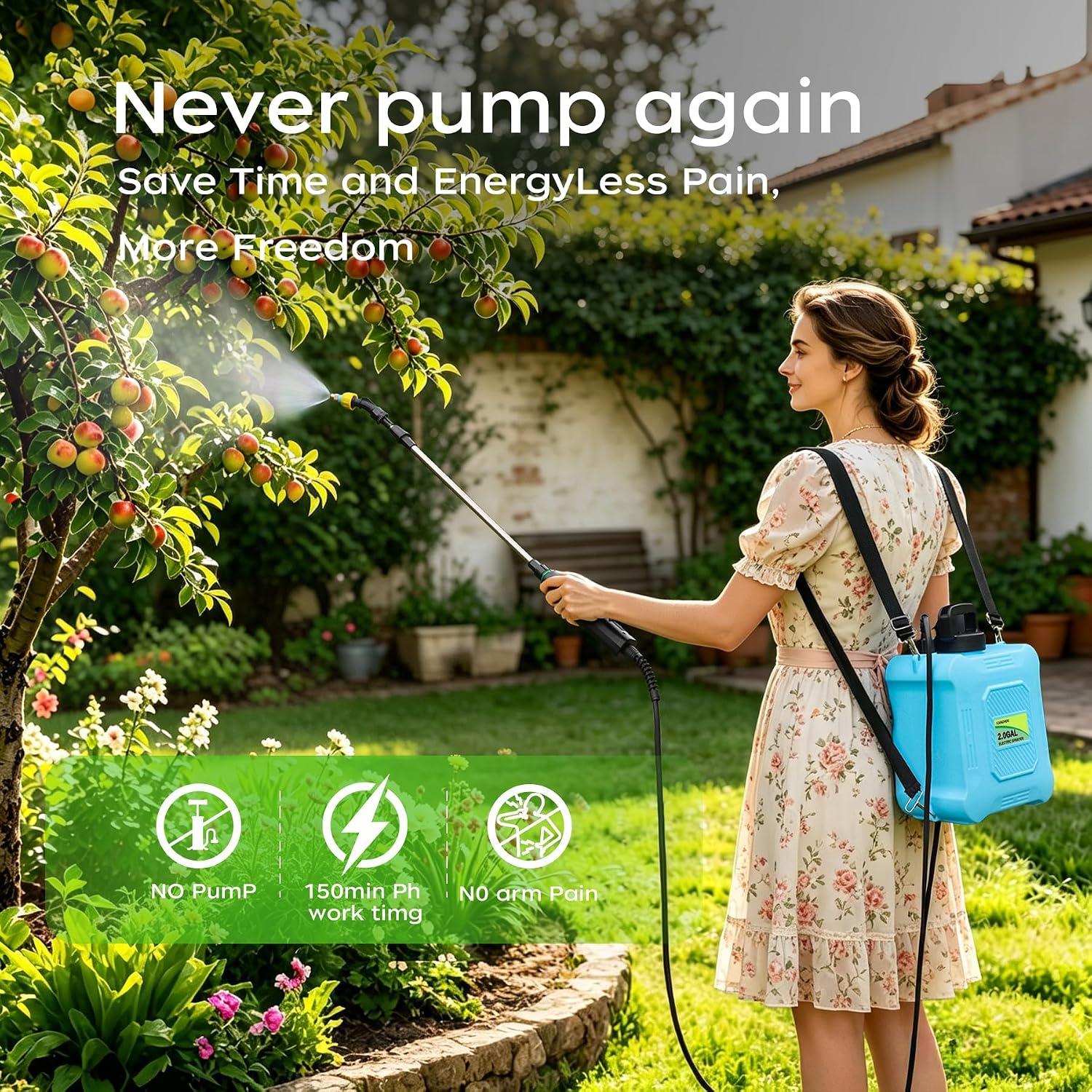2-Gallon Battery-Powered Sprayer,6 Nozzles,2 Spray Modes, Telescopic Pole | Electric Sprayer for Lawn and Garden