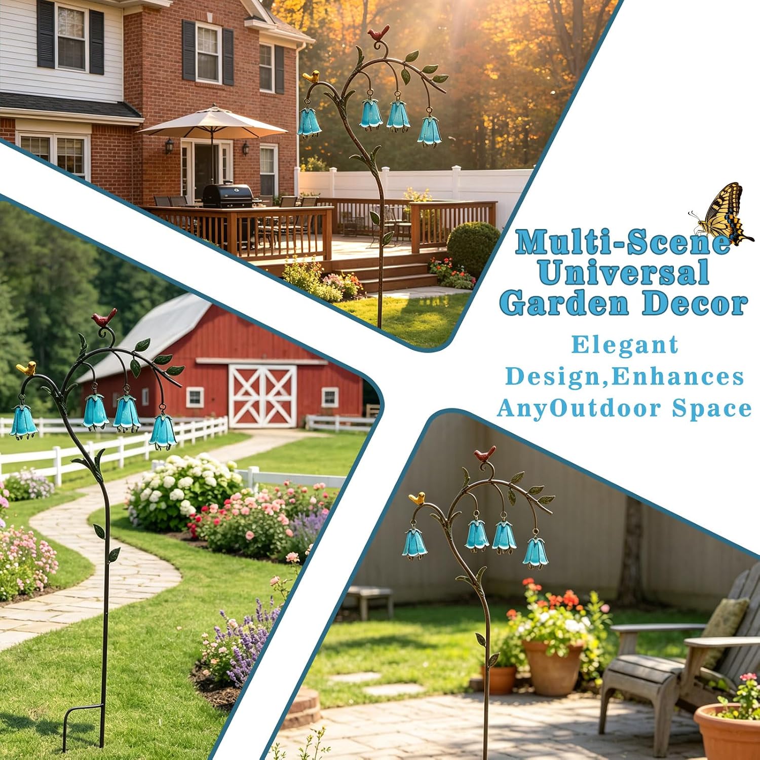 44.3"H Metal Decorative Garden Stake with Blue Bell Flowers & Birds | Metal Yard Art for Outdoor Yard Decor, Rustic