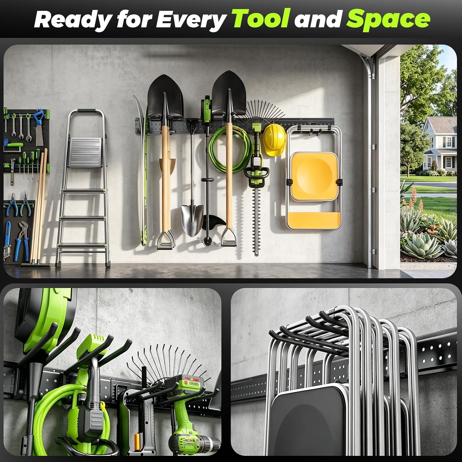 Garage Tool Organizer Wall Mount, 49.5 Inch Heavy Duty Garage Organization System with 10 Adjustable Hooks, Garden Tool