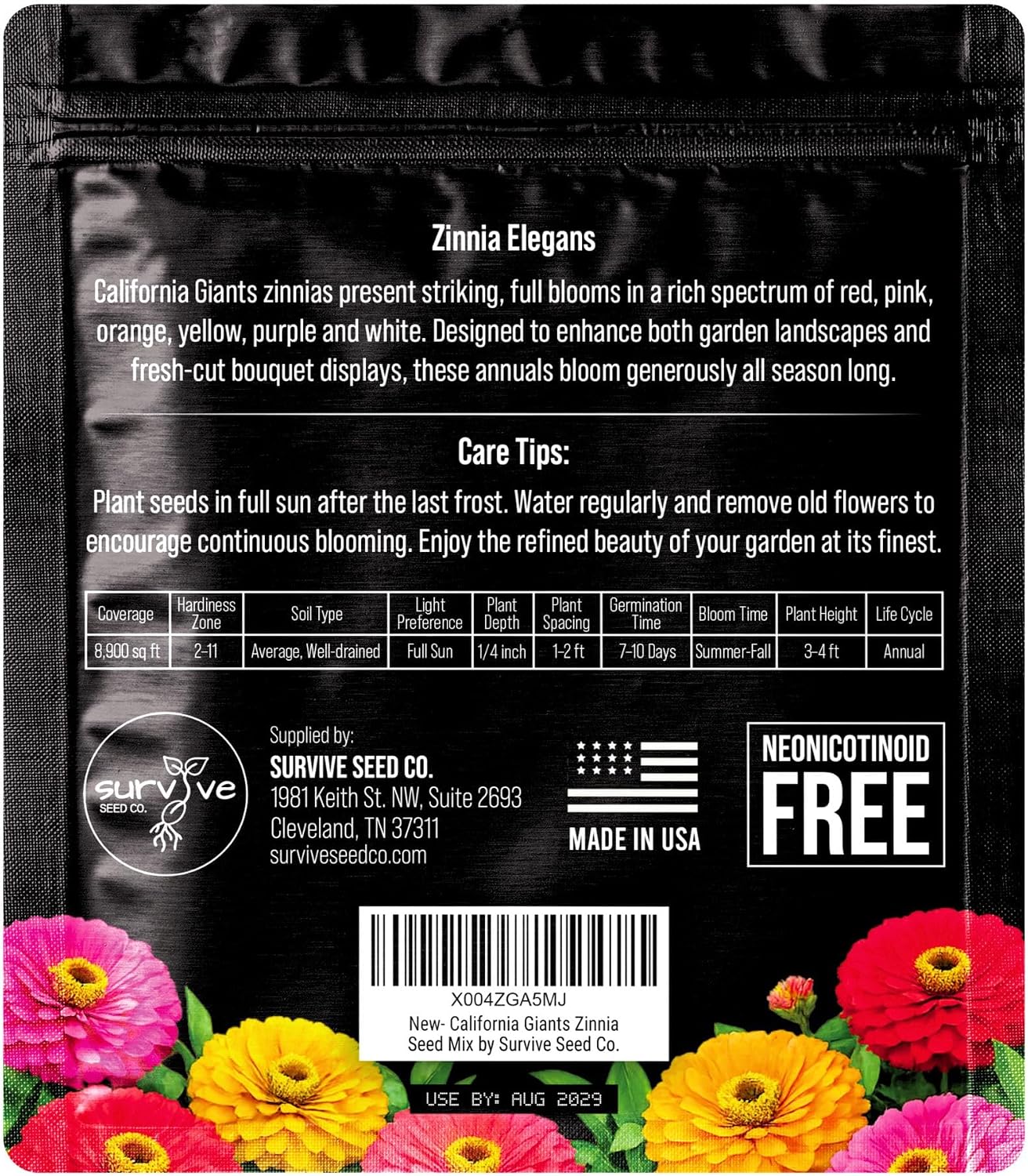 Zinnia Seeds California Giants Package of 10,000 Wildflower Seeds - Wild Flower Seeds Large Bright Blooms, Pure Non-GMO
