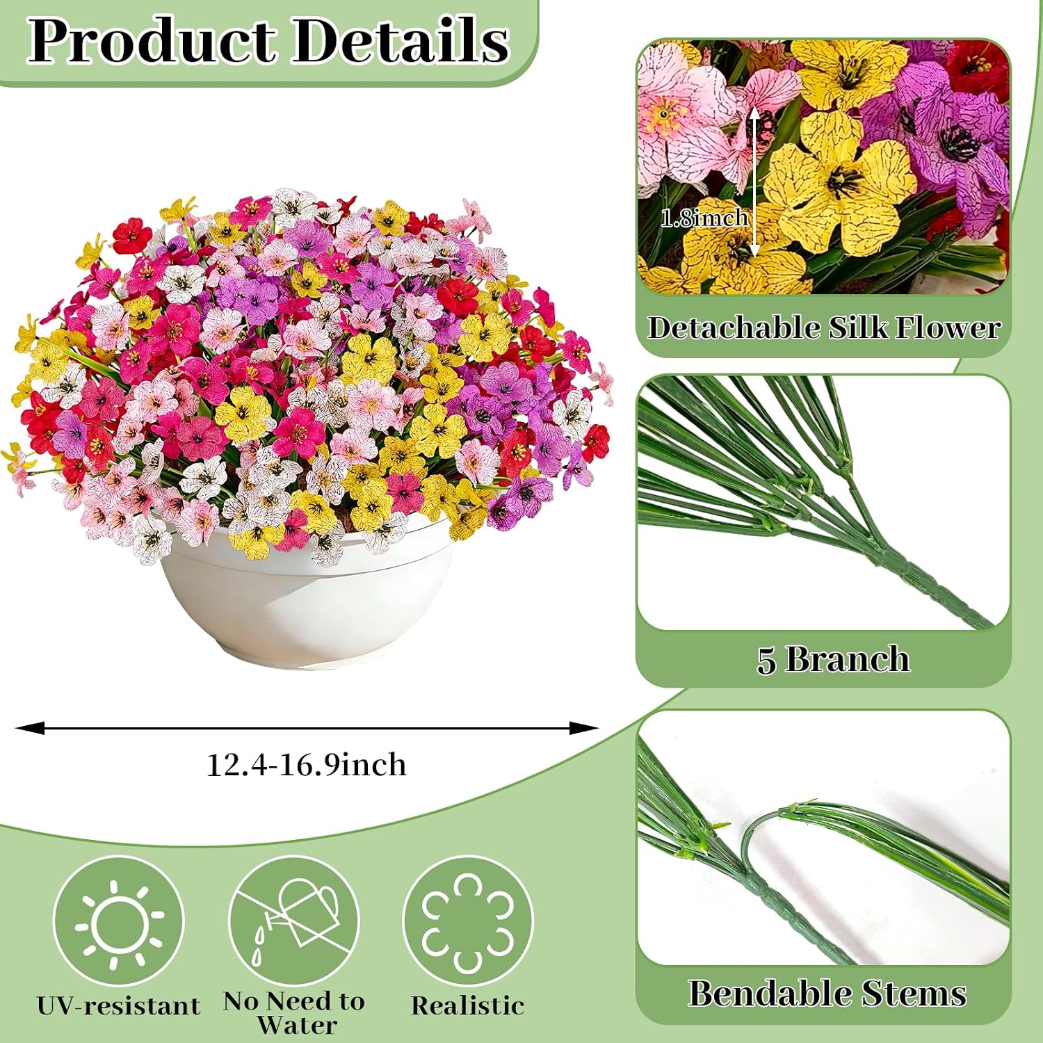 Artificial Flowers for Outdoors, 72 Bundles UV Resistant Faux Flowers No Fade Fake Plastic Plants for Outside Indoor