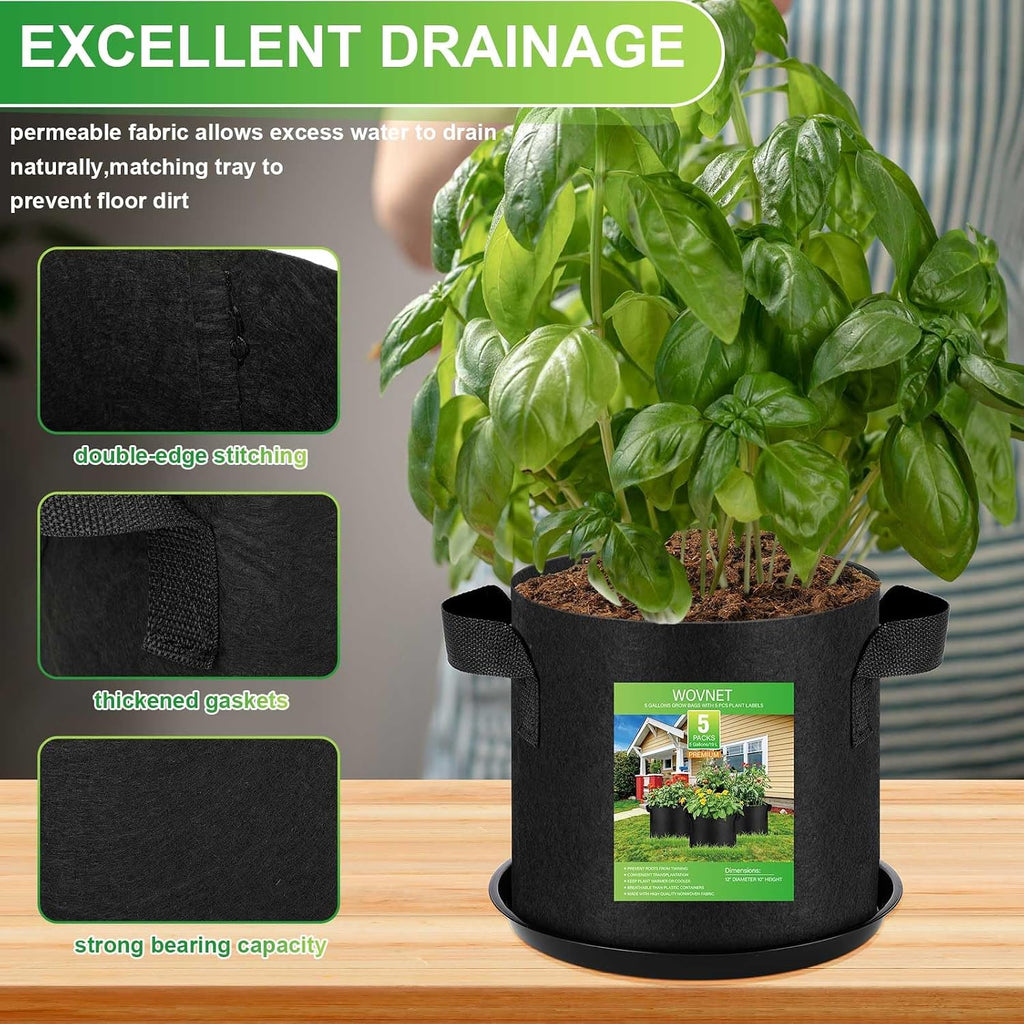 5 Pack 5 Gallon Grow Bags with 5 Plant Saucer and 5 Labels 260g Thickened Nonwoven Fabric Plant Pots with Handles