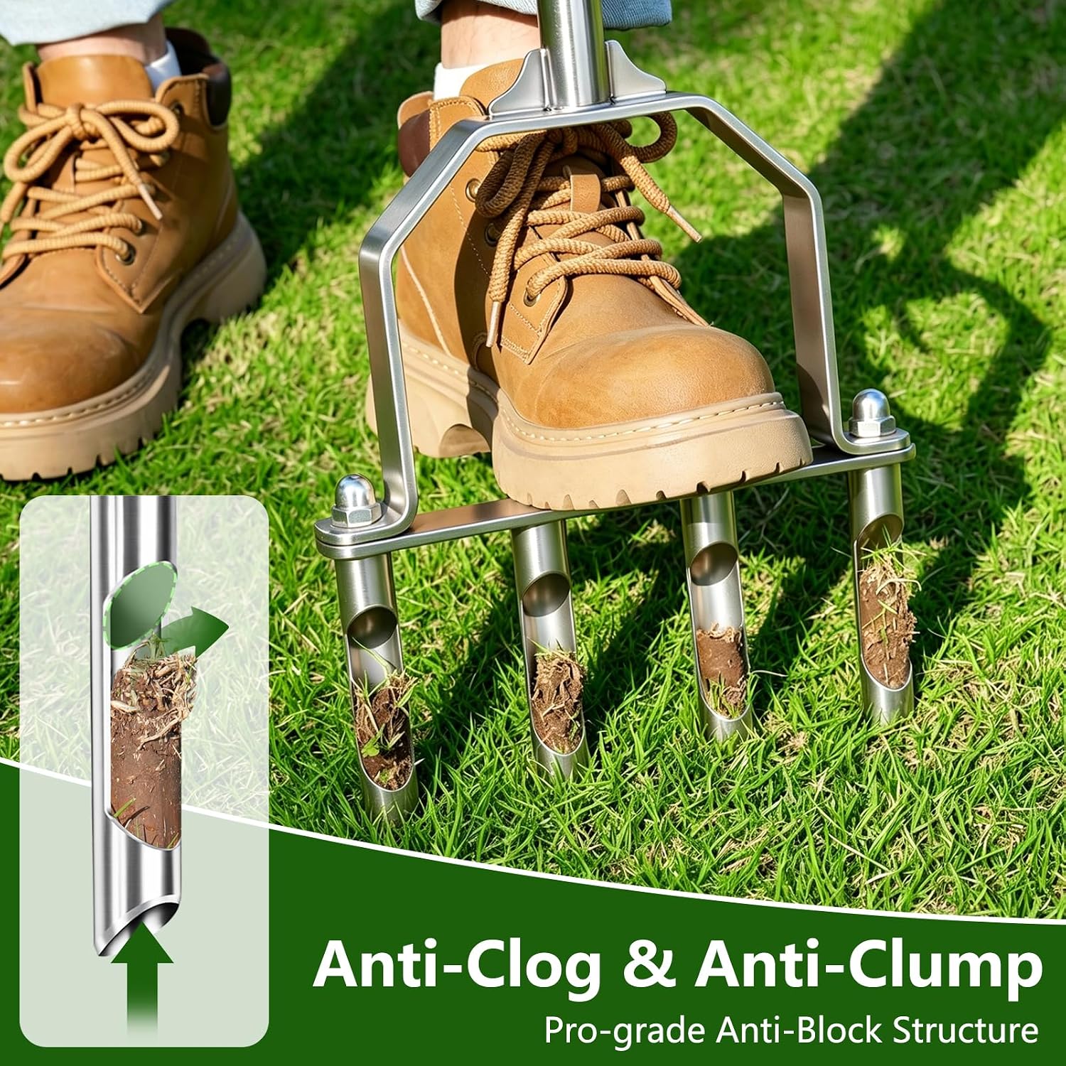 Stainless Steel Aerator Lawn Tool, Manual Core Aerator with 4 Hollow Tines | Heavy Duty Grass Aerator, Anti-Clogging