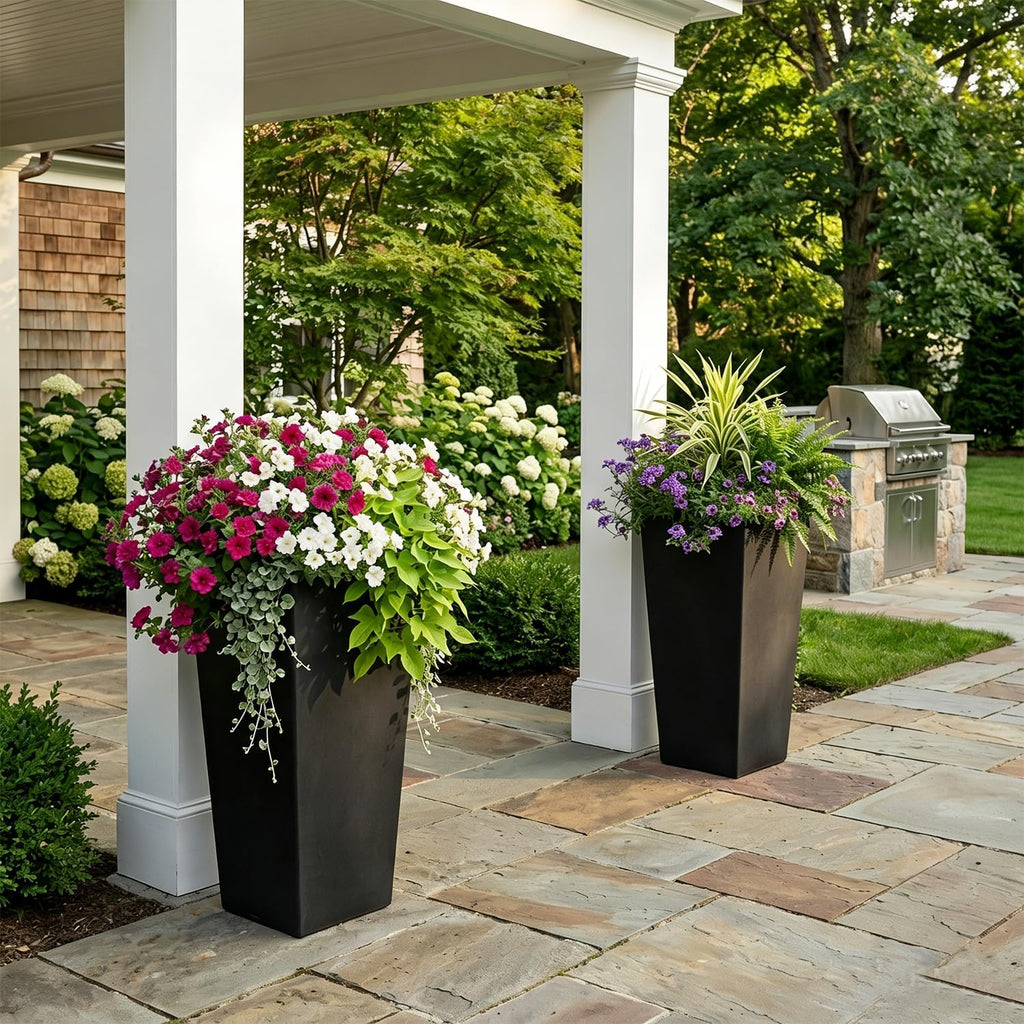 GreenShip 27" Tall Planters for Outdoor Indoor, Set of 2 with Drainage | Black Planter,Large Flower Pots, Drainage &