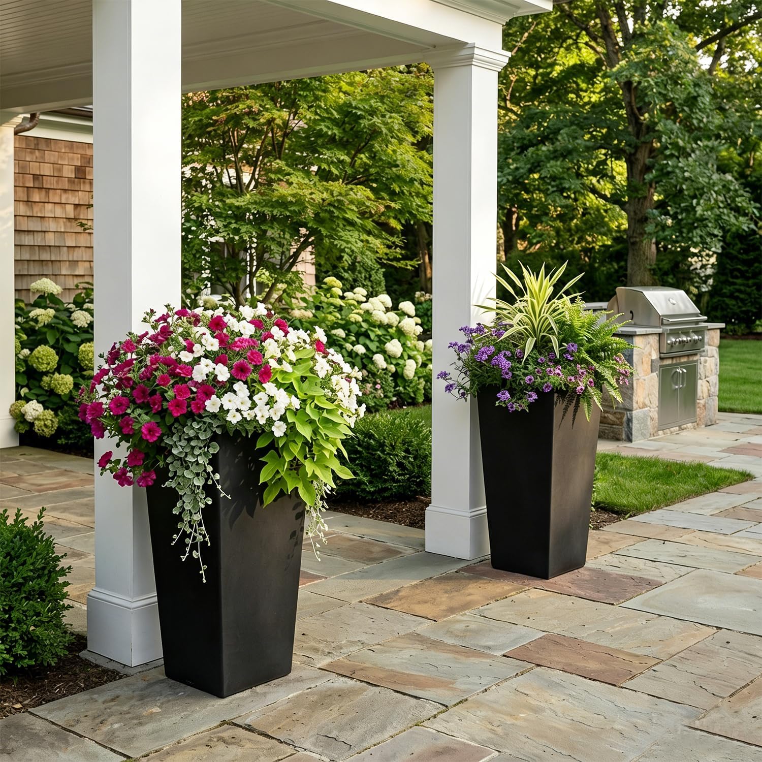 GreenShip 27" Tall Planters for Outdoor Indoor, Set of 2 with Drainage | Black Planter,Large Flower Pots, Drainage &
