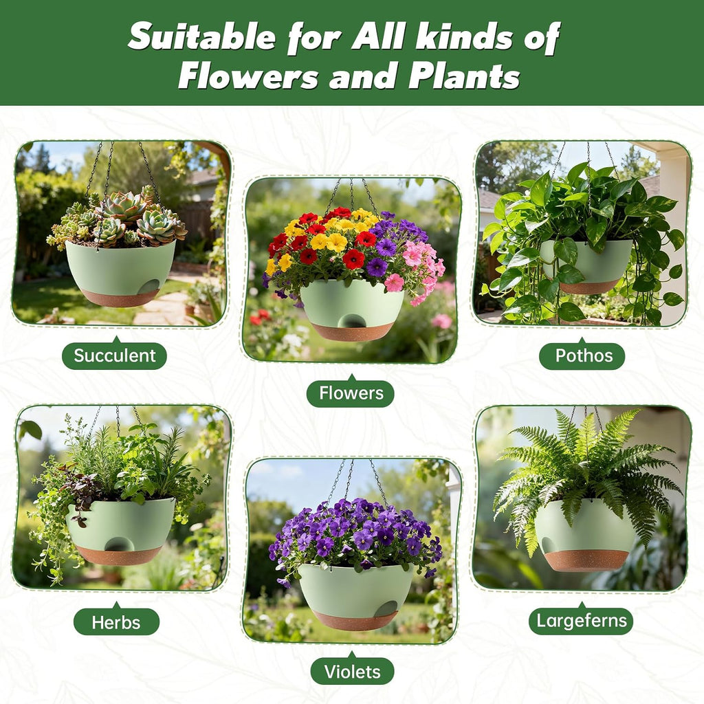 4-Piece Set of 8-Inch Hanging Planters with Automatic Watering System and Drip Tray, Includes Metal Chain, Suitable for