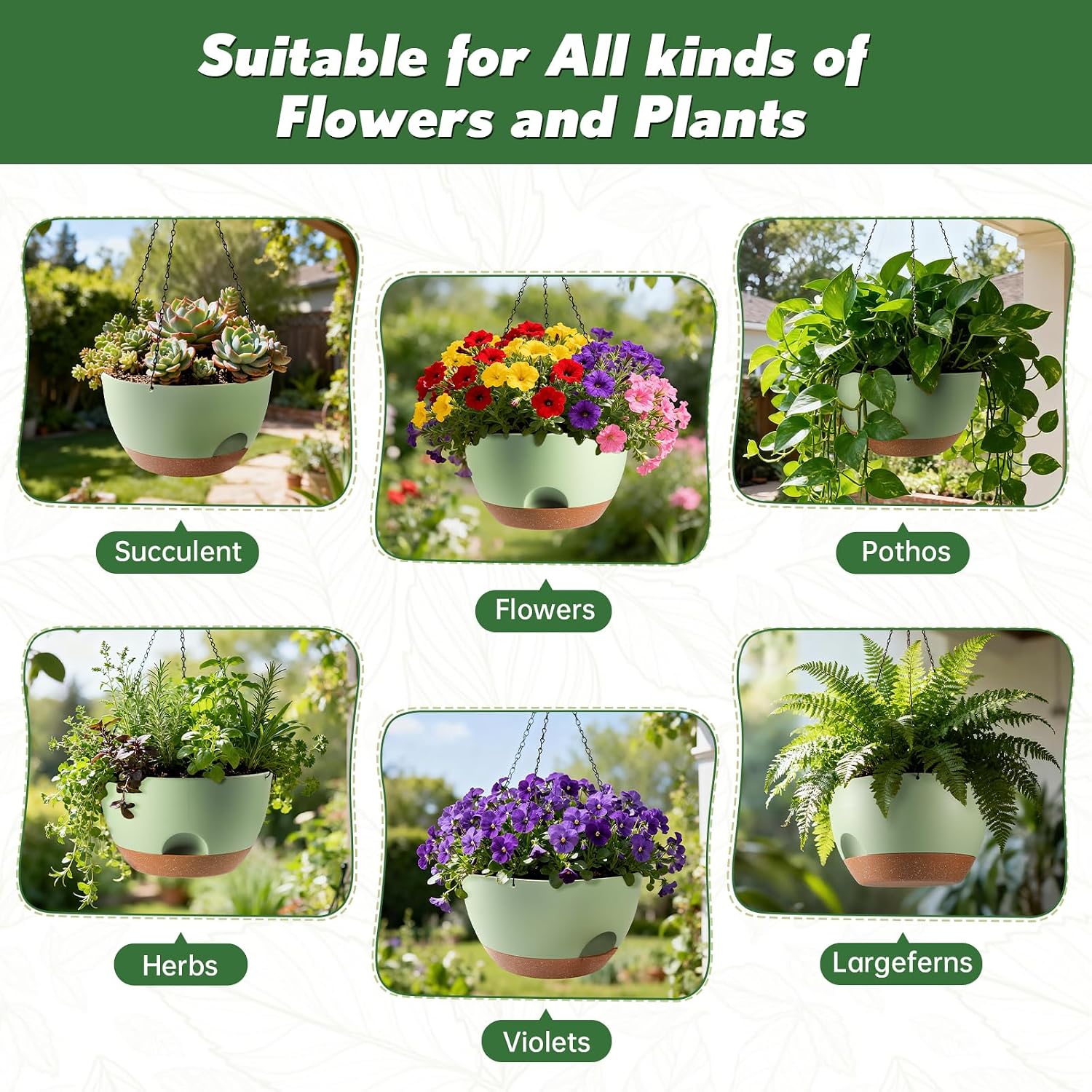 4-Piece Set of 8-Inch Hanging Planters with Automatic Watering System and Drip Tray, Includes Metal Chain, Suitable for