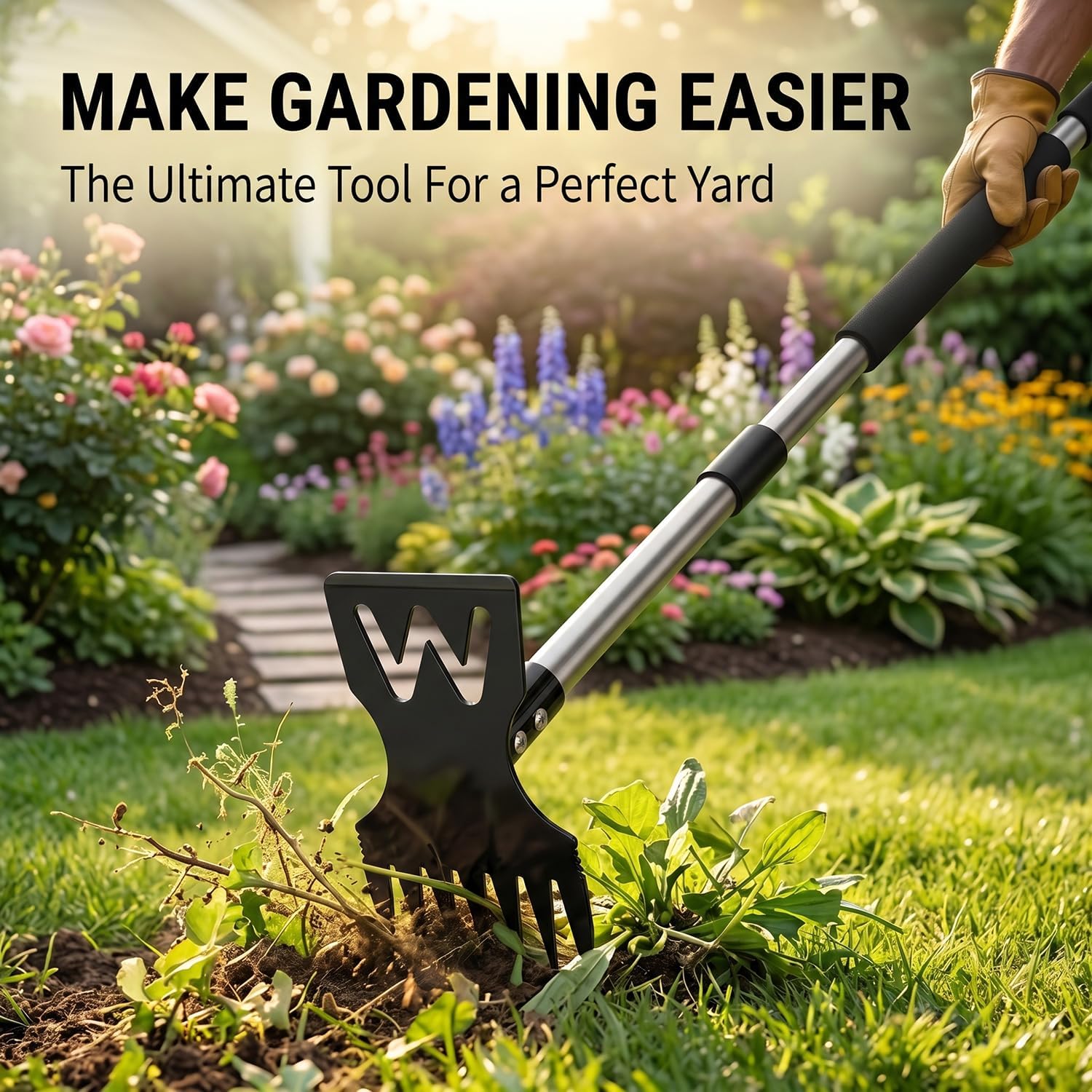 60" Weed Puller Tool with Long Handle, Heavy Duty 2-in-1 Stand Up Weeding Tool & Garden Hoe, Manual Weed Remover and