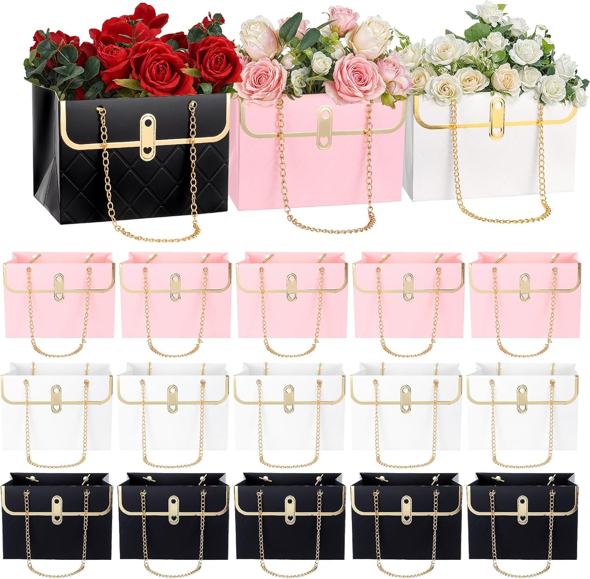 Ubamdom 15 Pcs Flower Paper Gift Box Bouquet Storage Bucket Handbag with Metal Chain Flower Boxes for Arrangements Wedding Valentine's Mother's Day Birthday Bridal Showe