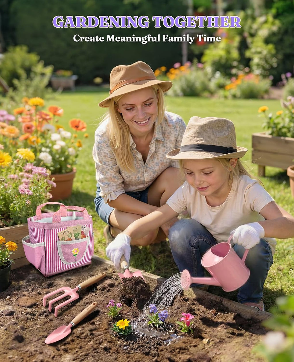 8Pcs Kids Gardening Set with Real Metal Tools & Metal Basket, Pink | 3 Wooden Handles, STEM Outdoor Exploration