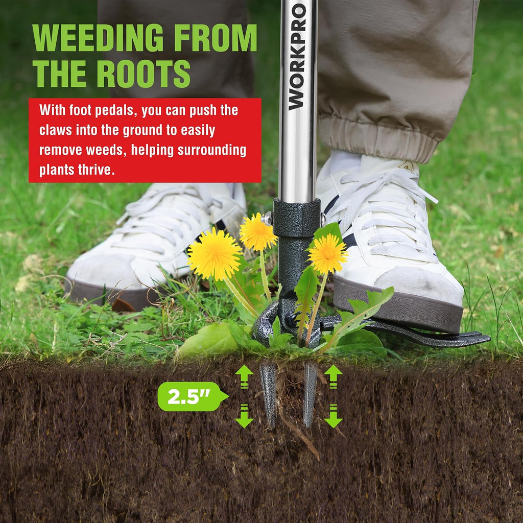 WORKPRO Weed Puller Tool with Long Adjustable Handle (33", 46") | Stand Up Weed Remover- 4 Claw Steel Head & Foot Pedal