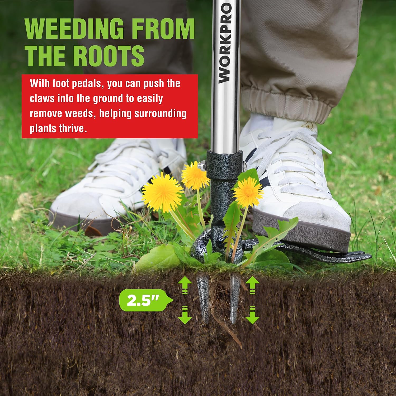 WORKPRO Weed Puller Tool with Long Adjustable Handle (33", 46") | Stand Up Weed Remover- 4 Claw Steel Head & Foot Pedal