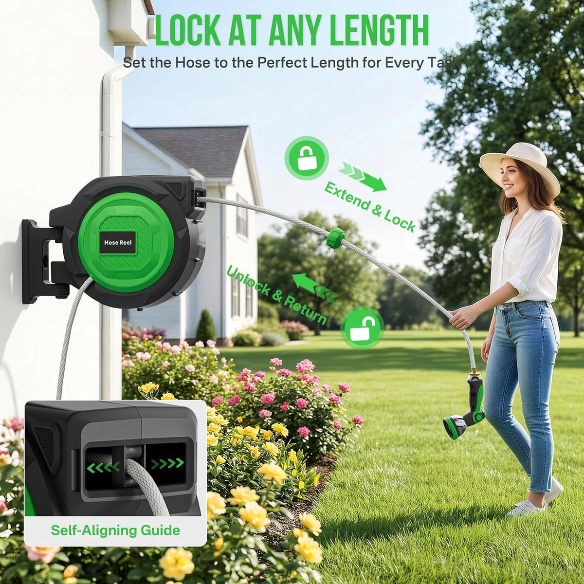 Retractable Garden Hose Reel, 1/2 in x 150 ft Heavy Duty Wall-Mounted Hose Reel with 180° Swivel Bracket, 10-Pattern