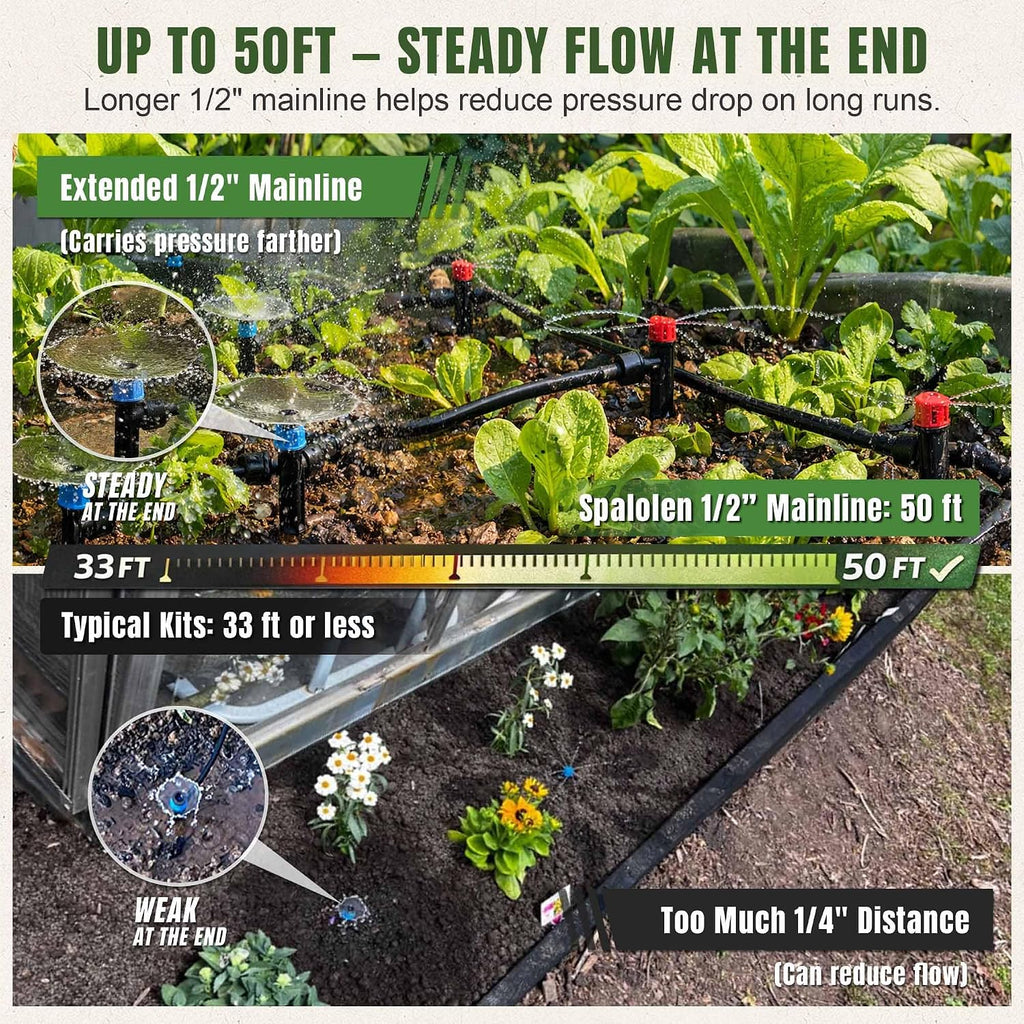 Push-to-Connect Drip Irrigation System Kit, 2-Zone Garden Watering System with 50FT 1/2" Mainline, Leak-Resistant Quick