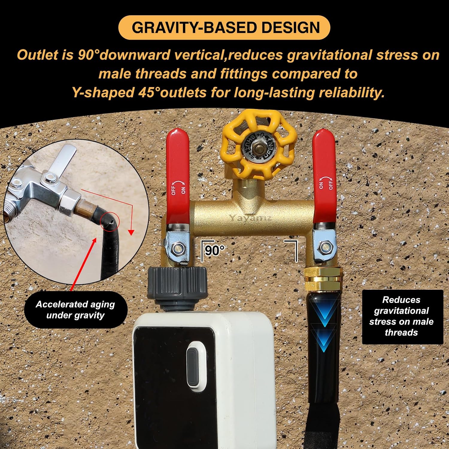 2 Way Garden Hose Splitter, 3/4" GHT Outdoor Water Spigot Splitter | Heavy Duty Solid Brass Body with Shut-off Valves &