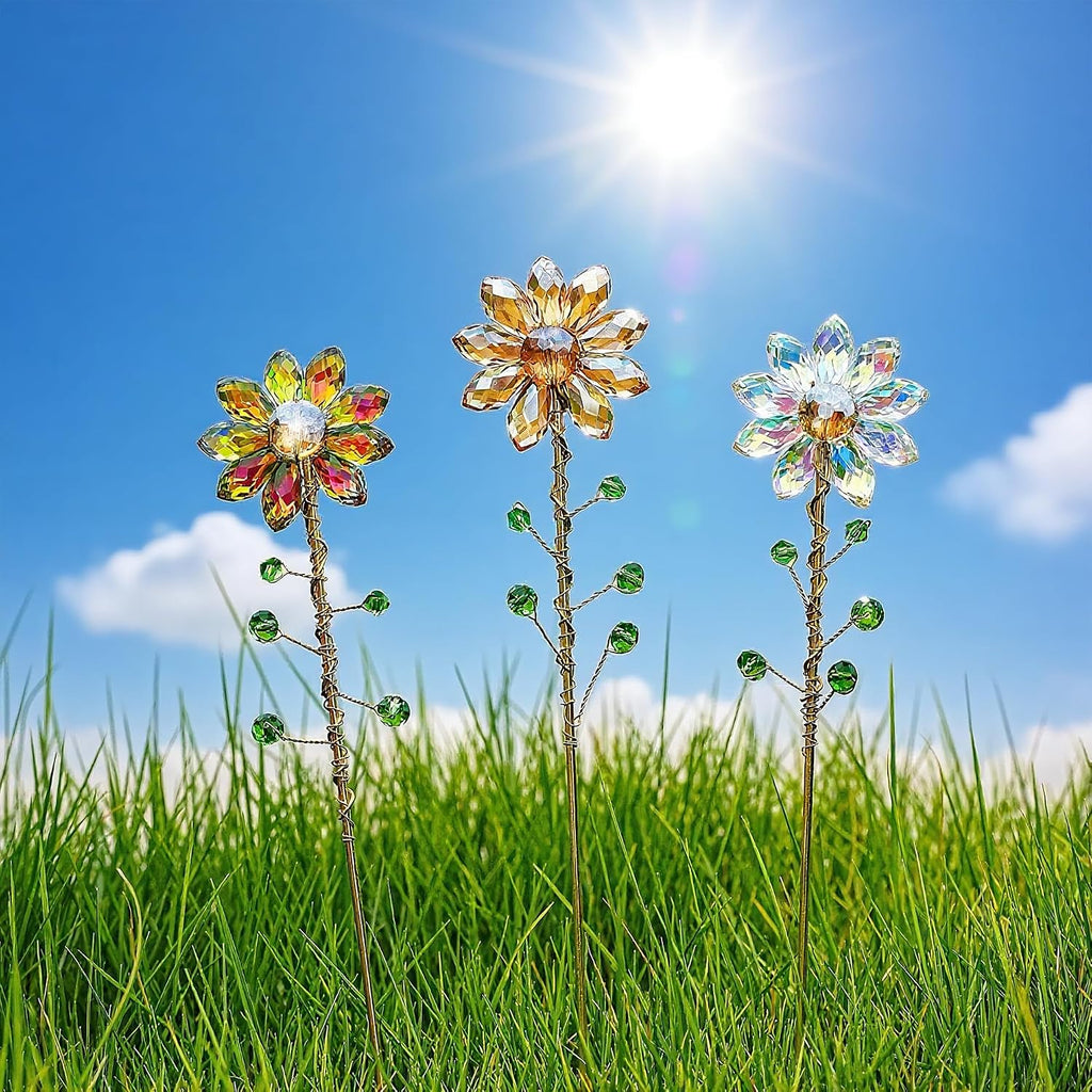 3Pcs Crystal Sunflower Suncatchers Glass Plant Suncatcher with Metal Stake