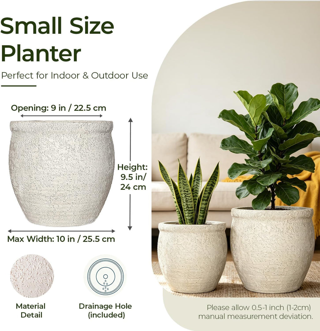 9" Dia Fiberstone Planter – Modern Farmhouse Indoor/Outdoor Flower Pot, Beige Decorative Plant Pot with Grainy Matte