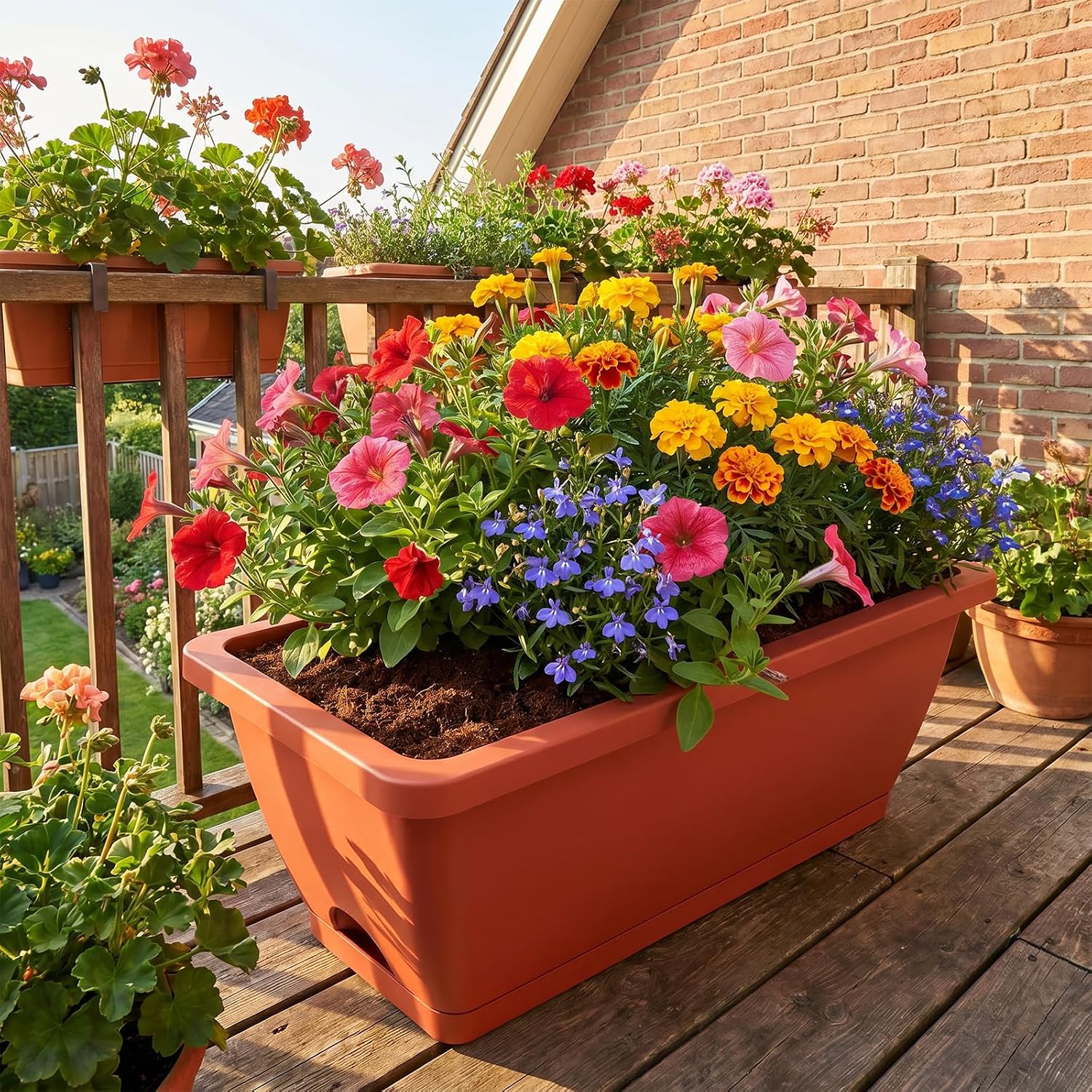 CADUKE Railing Planters Outdoor Balcony, 16.9" Hanging Flower Pots, Fence Planters for Deck Patio Garden with Drain