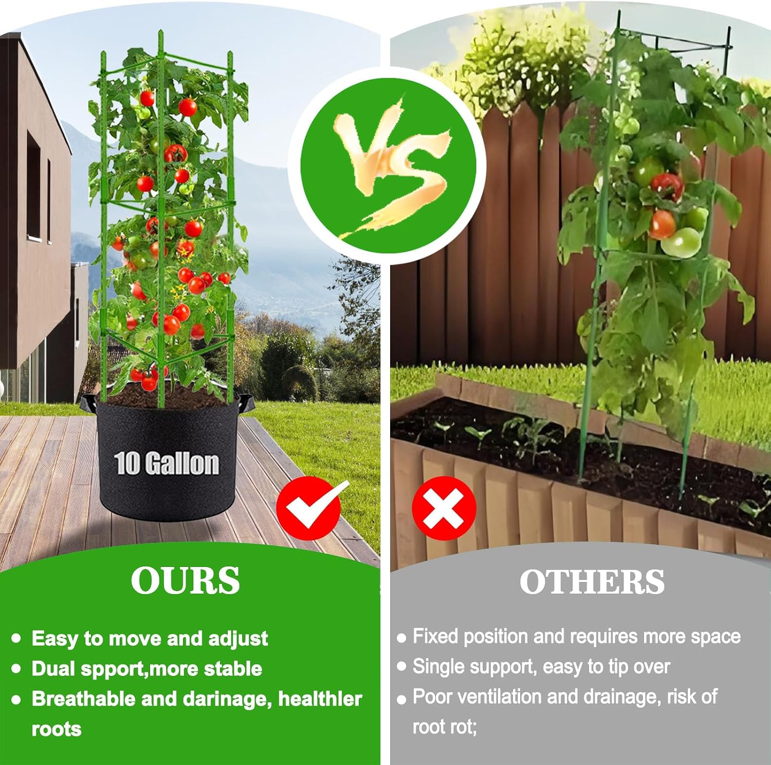 Moirsunt Tomato Cages with 10 Gallon Grow Bags, 48 Inches Tomato Planter | 3-Pack Tomato Stakes Trellis for Raised
