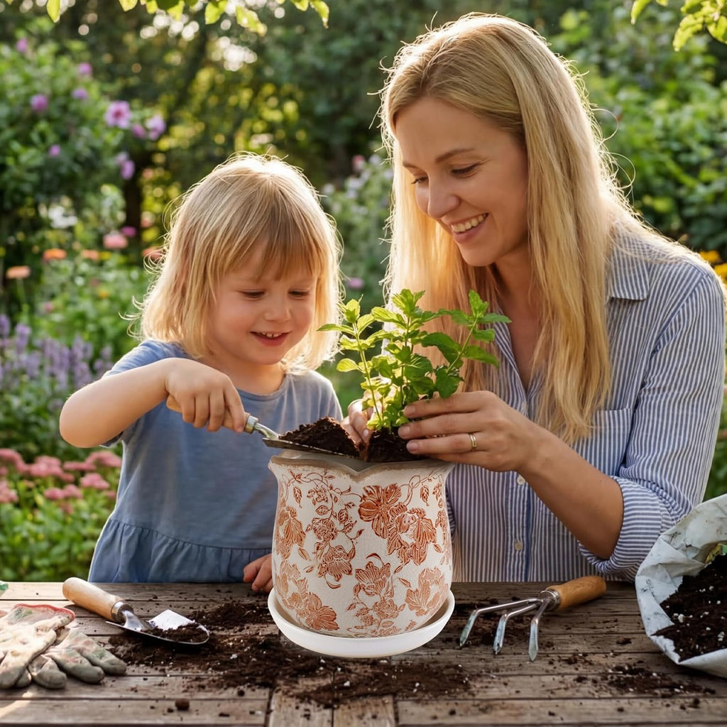 Ceramic-Planters-for-Indoor-Plants with Saucer, 6 inch Vintage Ice Crackle Glaze Plant Pots with Drainage Holes