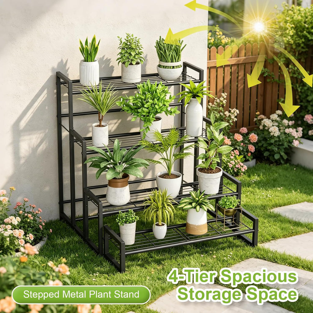 VyGrow Plant Stand, 4 Tier Stackable Tiered Plant Stand, Scalable Heavy Duty Tall Plant Shelf for Indoor Outdoor