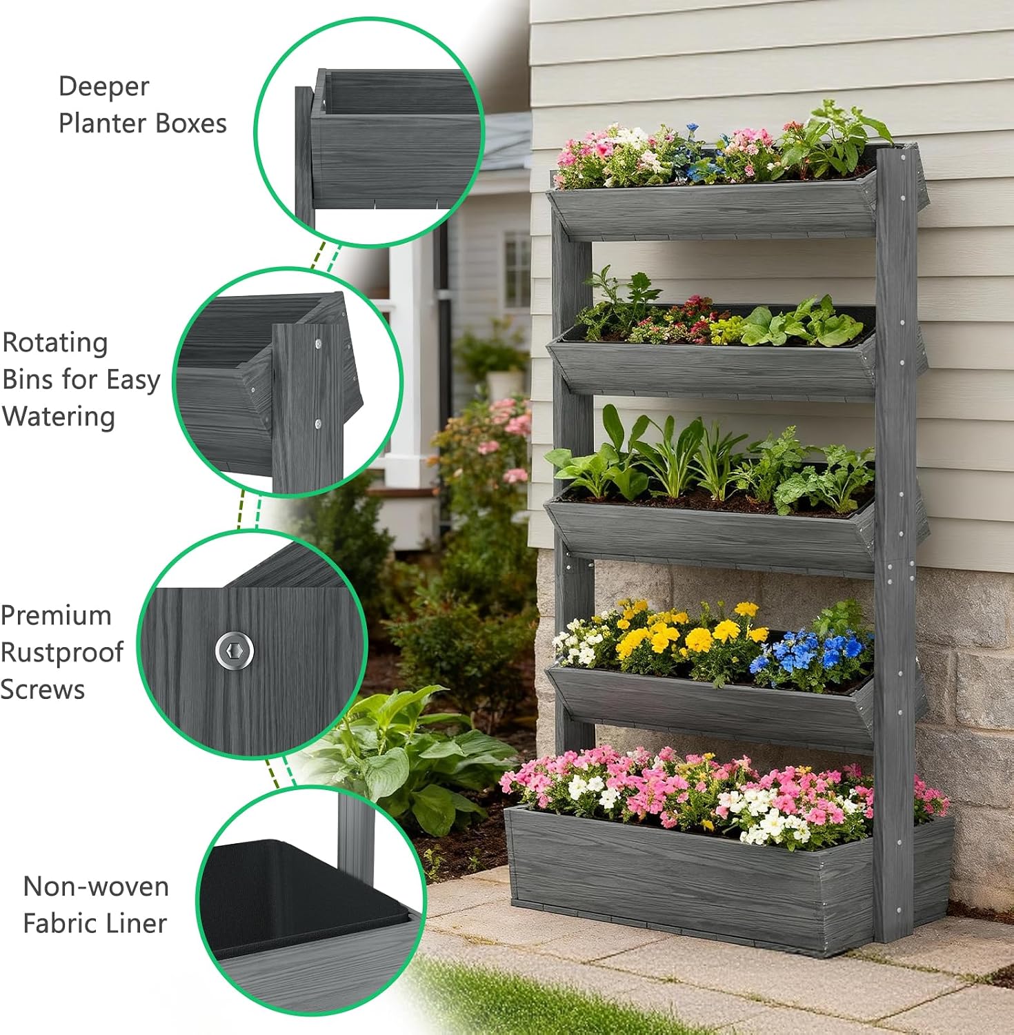 Vertical Raised Garden Bed, 5 Tier Freestanding Garden Planters | Wooden Plant Stand Flower Rack with Planter Box for