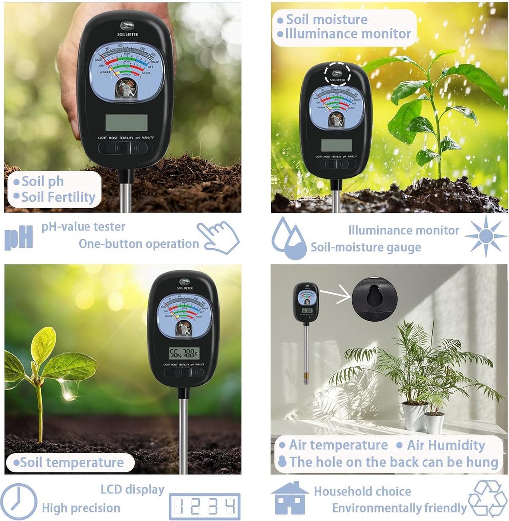 7-in-one Soil Test Kit, Soil Moisture Meter/PH Meter/Sunlight Intensity/Fertility Soil Tester, LCD Display Air & Soil
