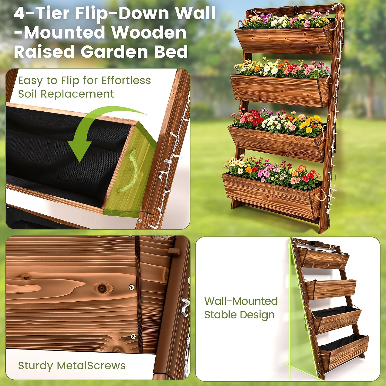 51" 4-Tier Vertical Garden Planter with LED Lights | Wooden Raised Garden Bed for Outdoor Herbs & Flowers, Wall-Leaning