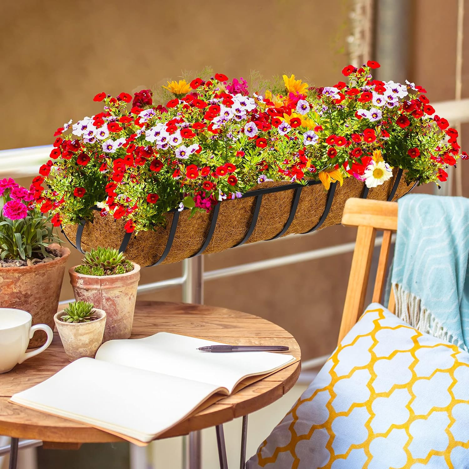 Tessco for you 2 Pieces Railing Planter Boxes, 36 Inches Window Box Planters with Coco Liner and Adjustable Brackets