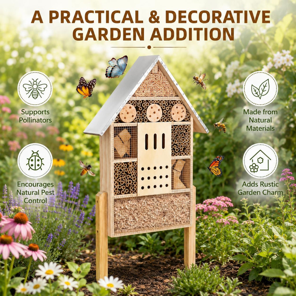 antiai Extra Large Wooden Insect House with Stakes,Wood Mason Bee Butterfly House,Insect Hotel,an Outdoor Bamboo