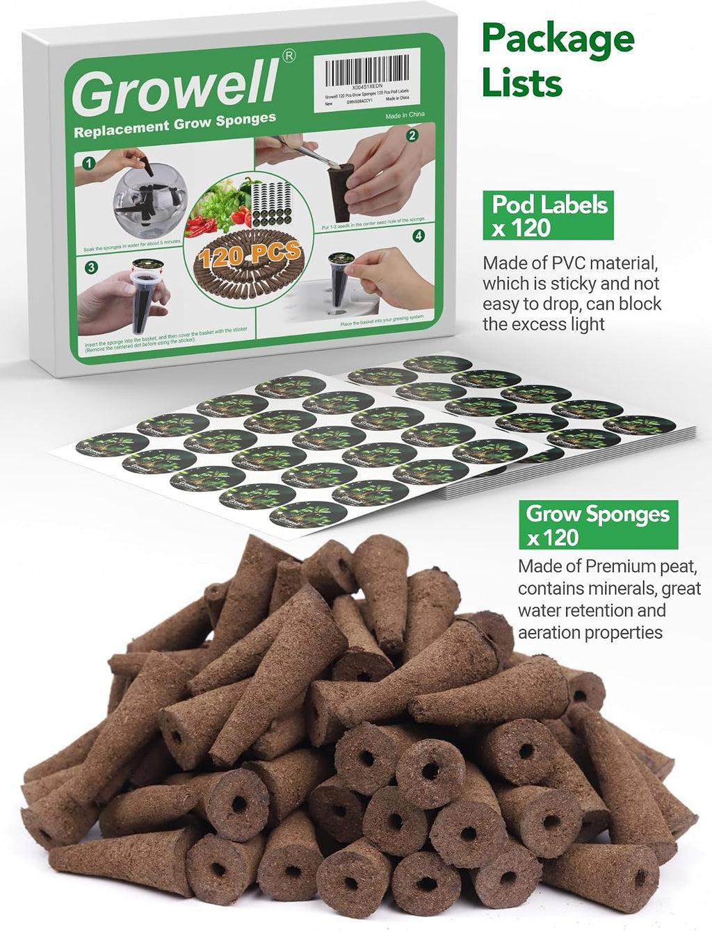 Growell 240 Pcs Hydroponic Pods Kit, 120 Grow Sponges & 120 Pod Labels | Faster Rooting, Hightly Breathable &