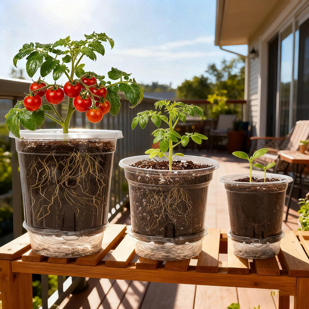 Bluepro Self Watering Pots for Indoor Plants, 4/5/6.5 Inch, 18-Pack | Clear Plastic, 6 Each of Three Sizes, Reservoir