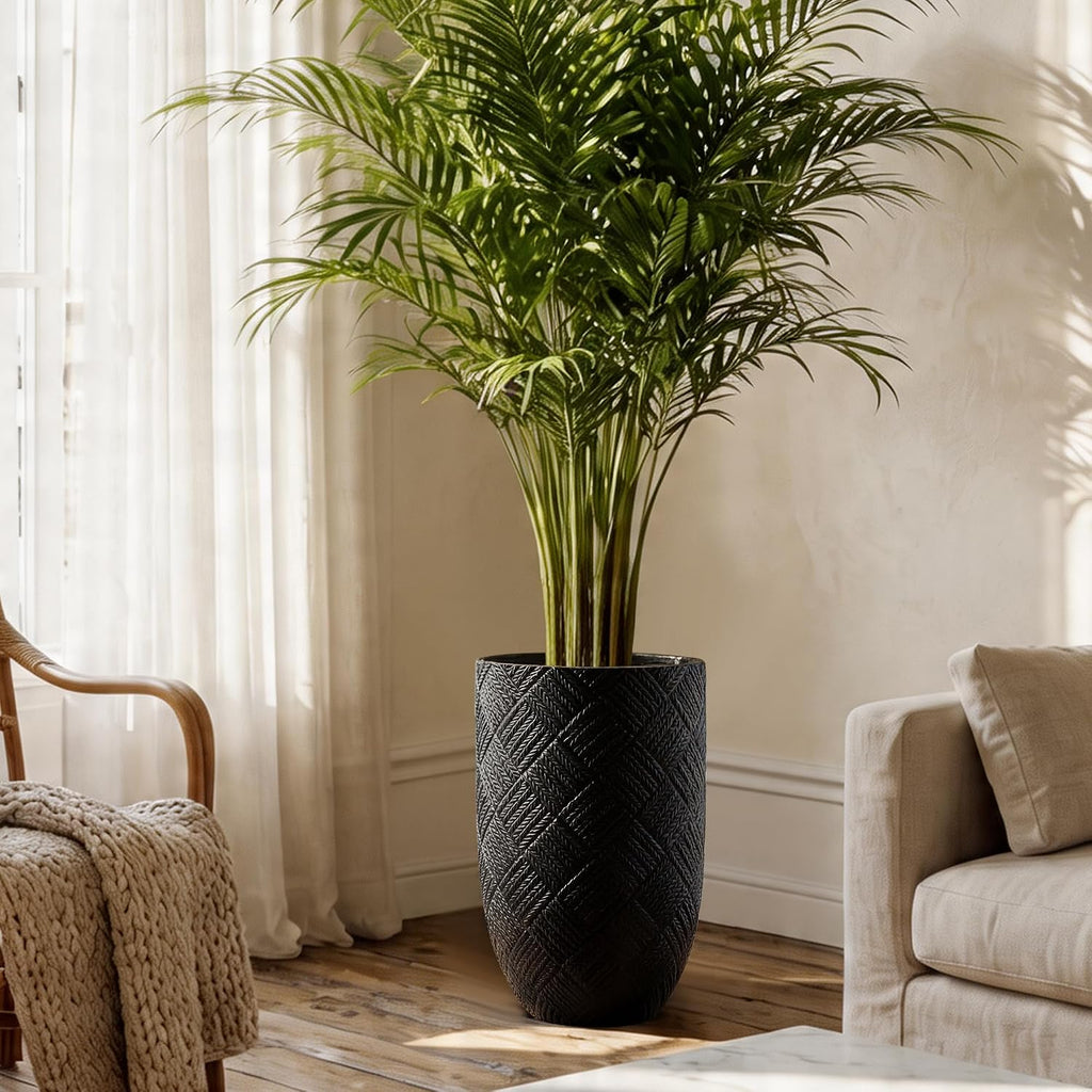 Oakrain 17.7" Tall Planter for Indoor Plants, Black Large Floor Planter | Flower Pot with Handcrafted Herringbone