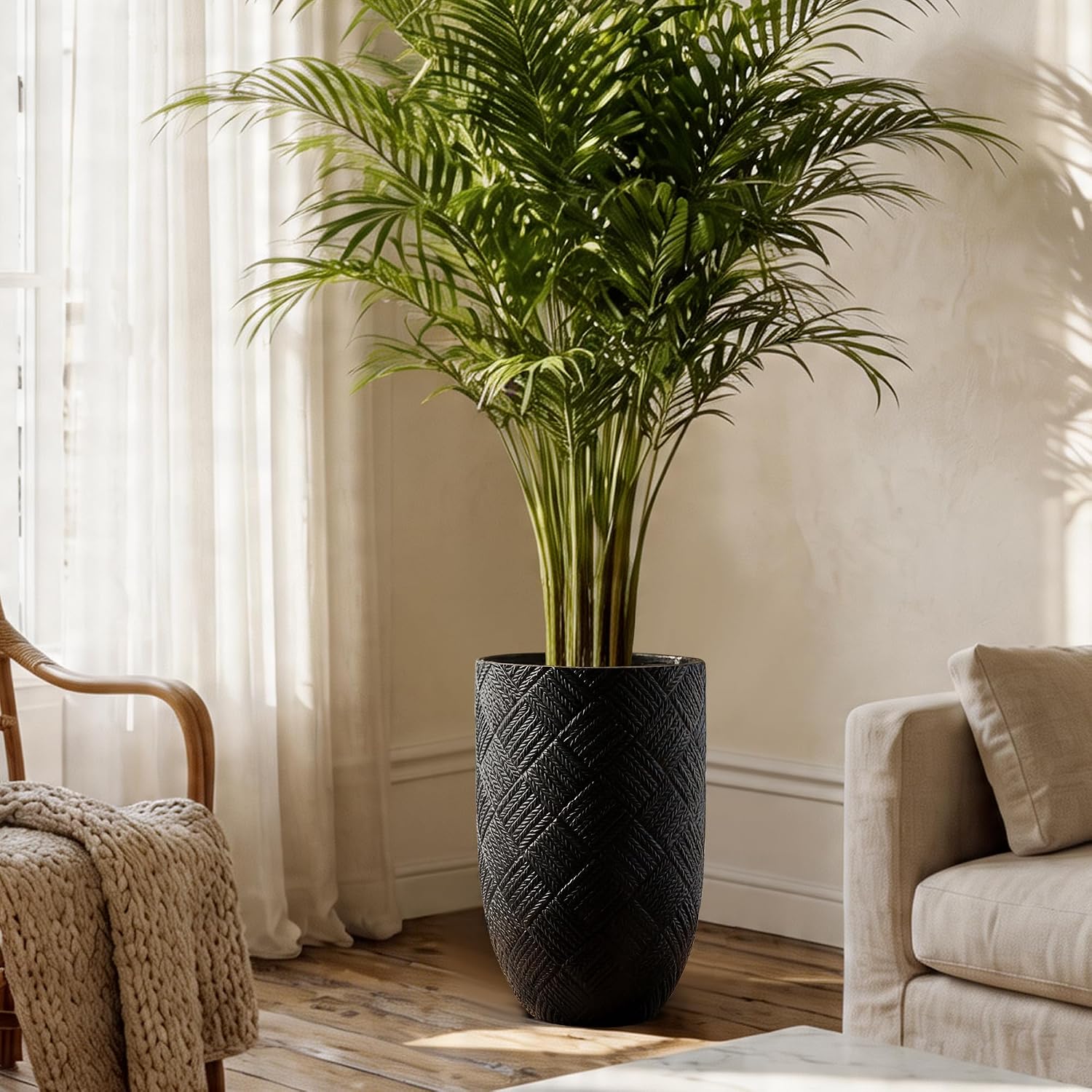 Oakrain 17.7" Tall Planter for Indoor Plants, Black Large Floor Planter | Flower Pot with Handcrafted Herringbone