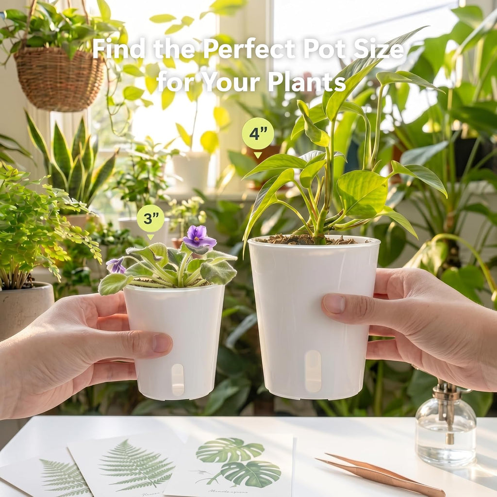 10 Pack 4" Self Watering Small White Plant Pots for Indoor Plants, Clear Inner Cup, Water Level Indicator, Drainage
