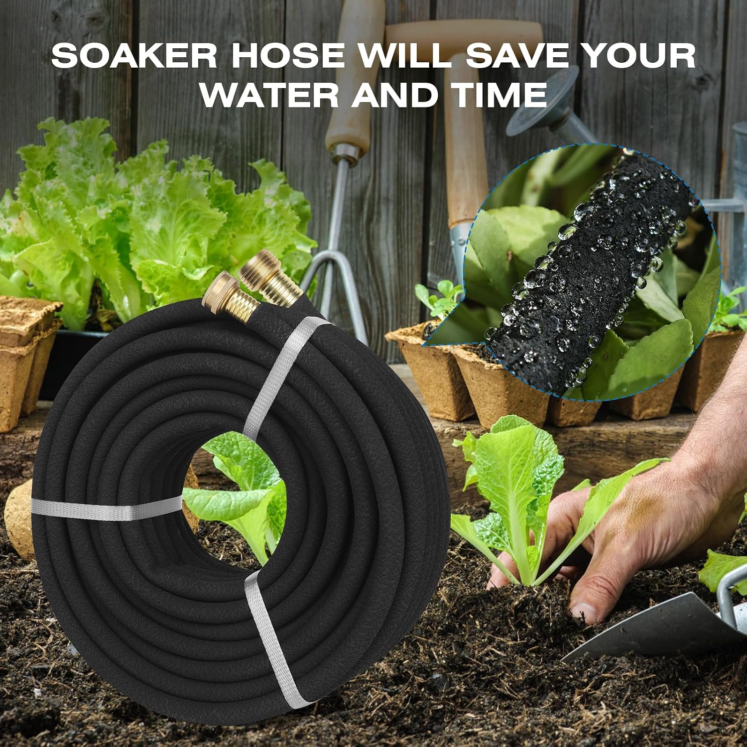 5/8" 50FT Round Soaker Hose for Garden Lawn Vegetable Tree Watering | Heavy Duty Rubber Drip Irrigation Tube, Solid