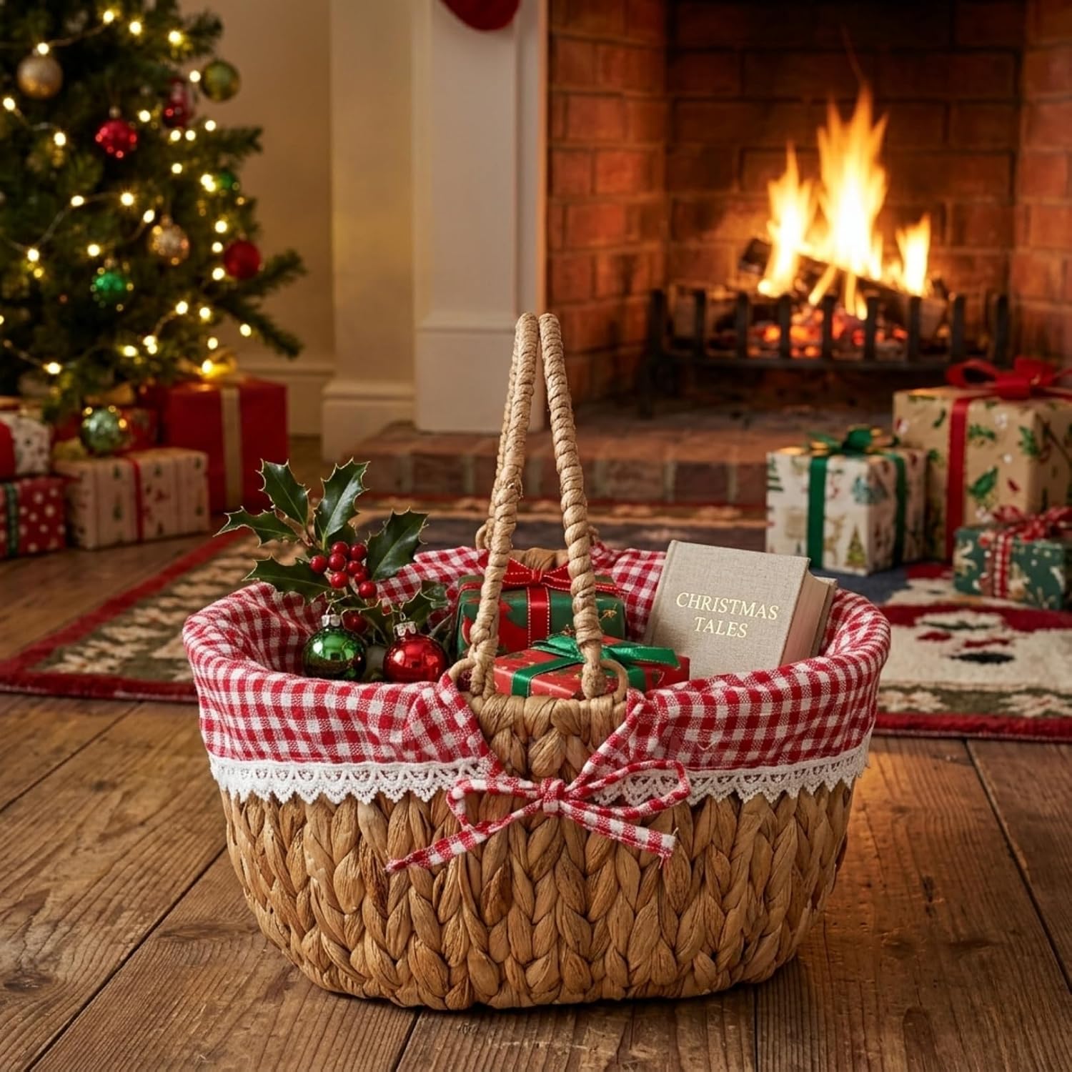 Wicker Basket with Handles and Lining, Handwoven Water Hyacinth Picnic Hamper, Oval Basket for Camping, Outdoor, Fruit