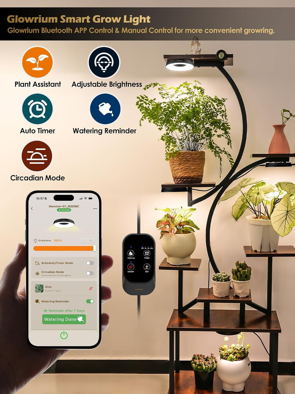 Smart Full Spectrum LED Grow Light for Indoor Plants (Black 2PCS) | 16W LED Grow Lights with Auto Timer, Stepless