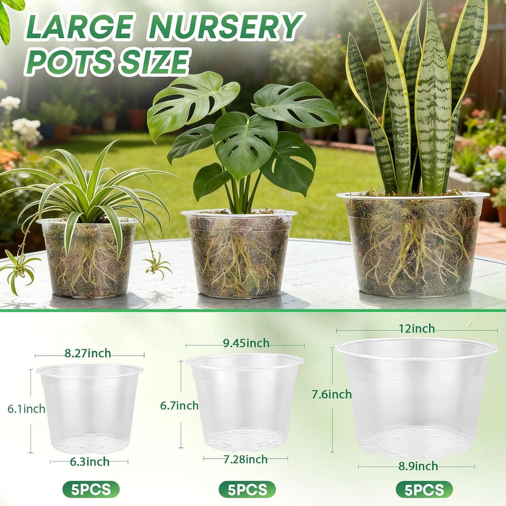 15 Pack 8/10/12 Inch Large Clear Nursery Pots with Drainage Hole, Plastic Plant Pots for Seedling Flower Vegetable