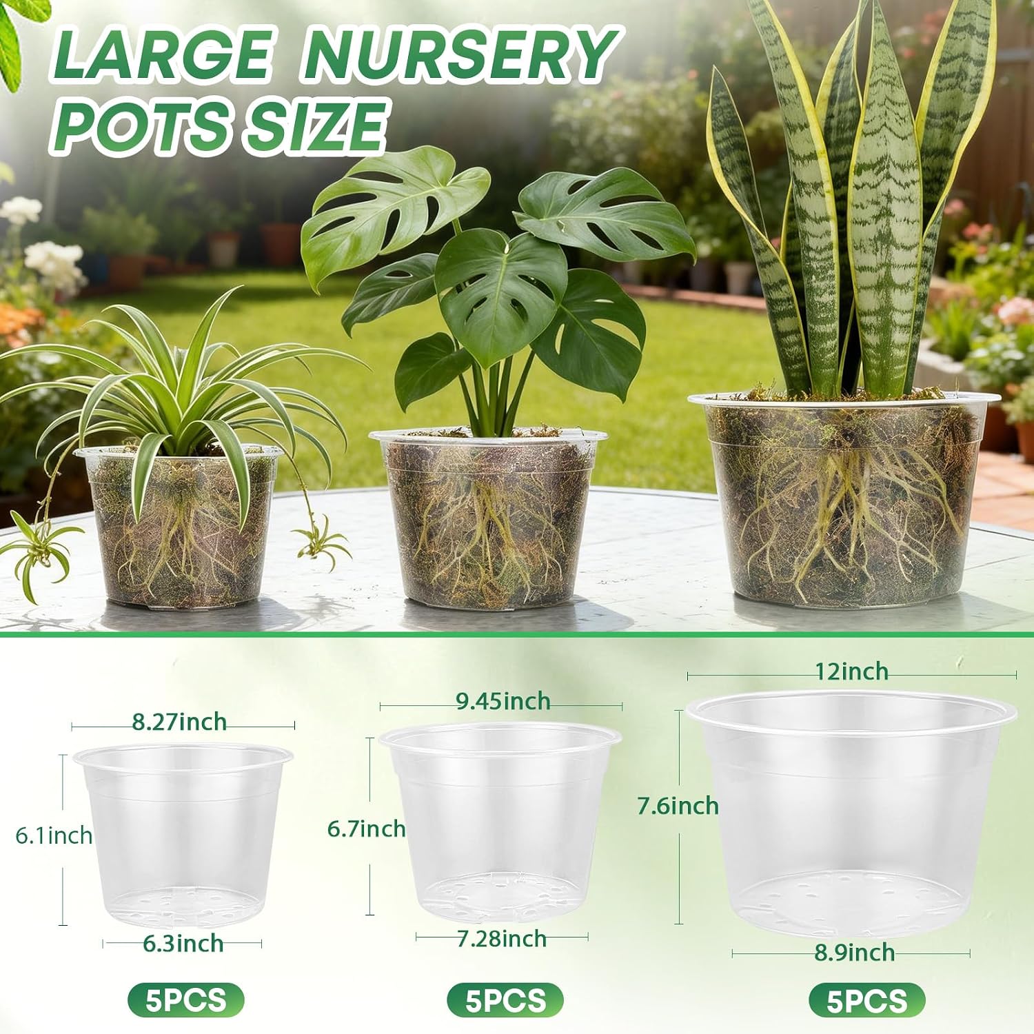 15 Pack 8/10/12 Inch Large Clear Nursery Pots with Drainage Hole, Plastic Plant Pots for Seedling Flower Vegetable