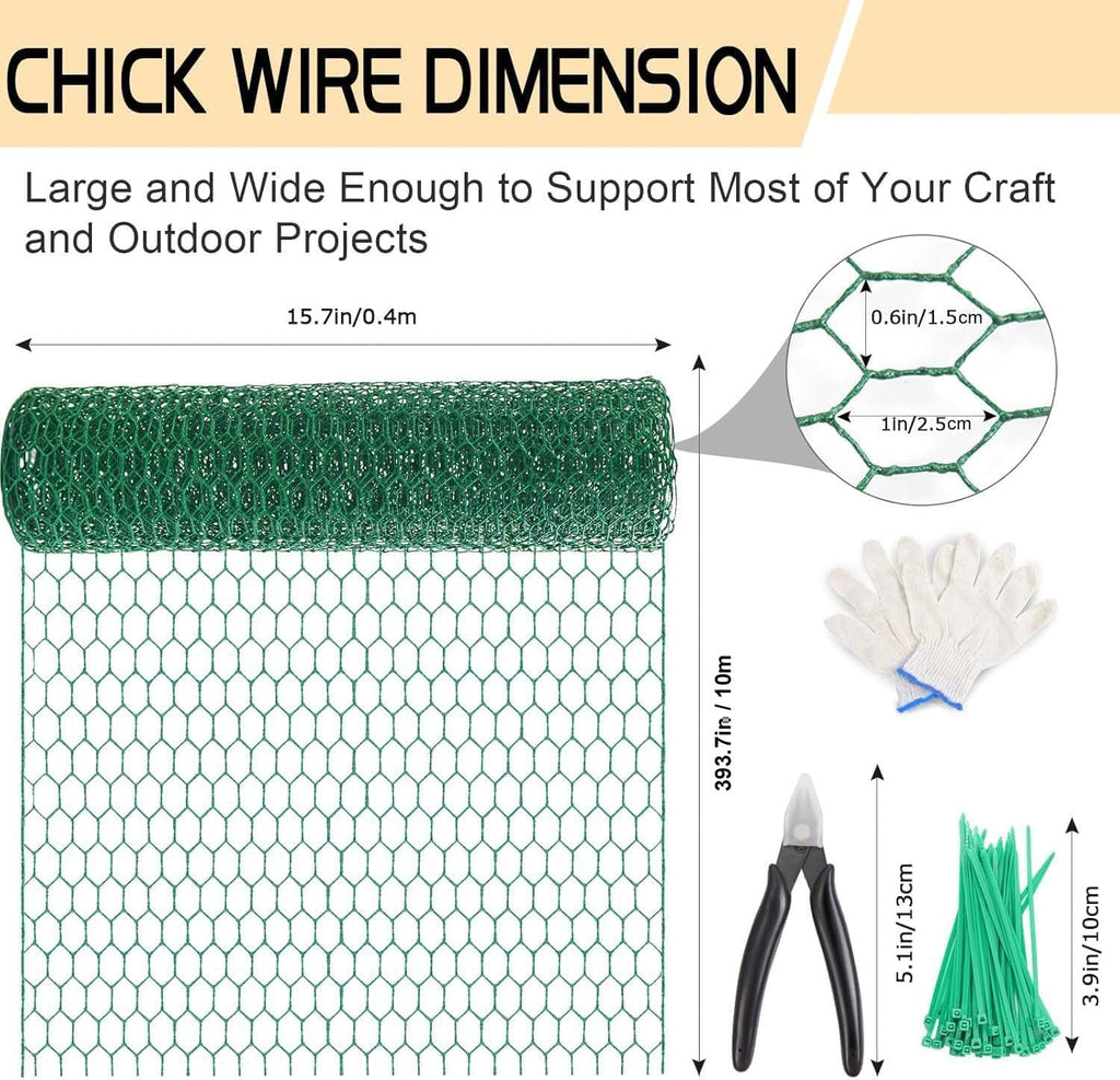 Chicken Wire 15.7in x 393.7in with a Pair of Gloves，1 Wire Cutter，100 Pcs Cable Zip Ties, Floral Chicken Wire Mesh