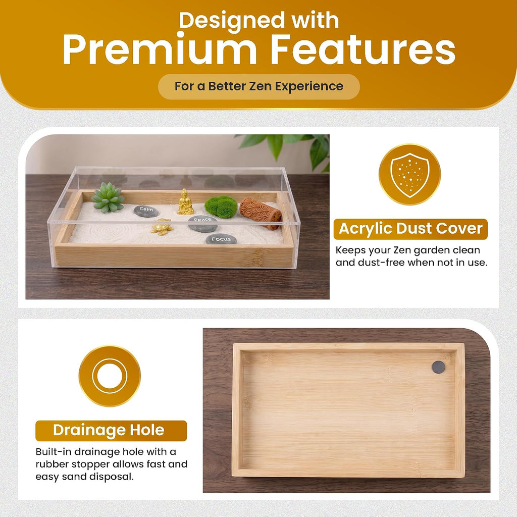 Zen Garden Kit 13″ x 8.2″ Large Zen Garden for Desk with Bamboo Sand Tray | 15 Accessories & 6 Tools, Japanese Decor