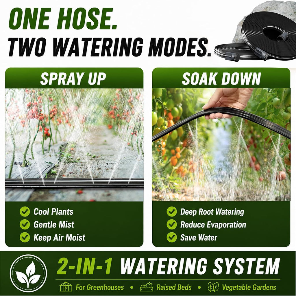 Sprinkler Hose with Holes, Flat Soaker Hose 100 Ft (25 ft 4pack) with Garden Staples and Splitters, Watering Drip
